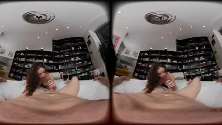 Curvy brunette riding and doggy style in VR bedroom scene