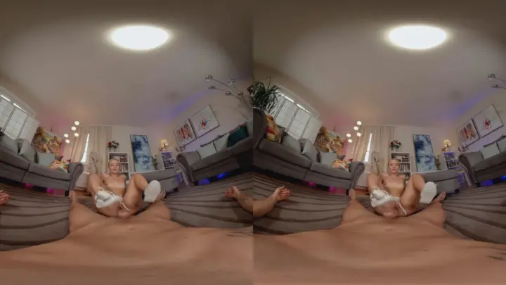 Blonde petite with lower back tattoo spreads wide on bed