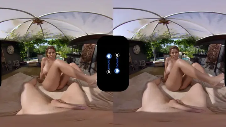 Blonde MILF spreads wide on poolside daybed, doggy style outdoor