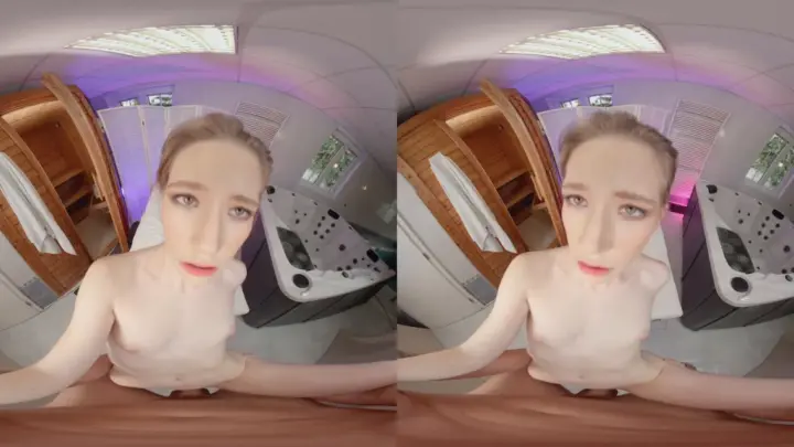 Blonde in purple room spreads, bends, and teases with fisheye 360