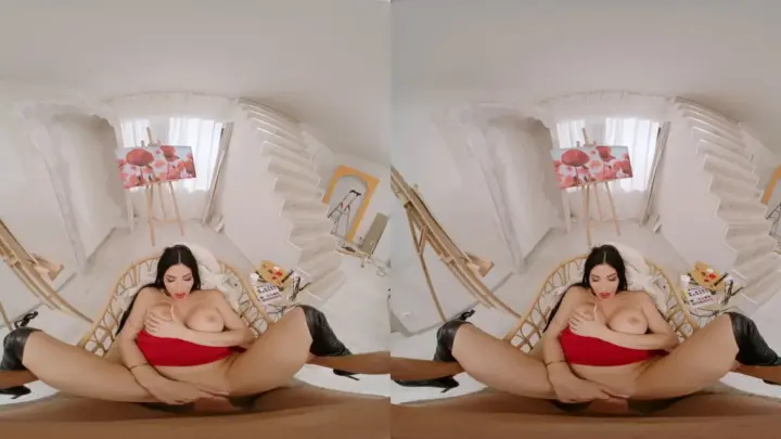 Brunette with big tits spreads out on floor, natural light, fisheye vi