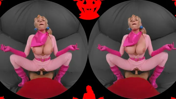 Blonde in pink outfit rides guy on bean bag, fisheye close-ups