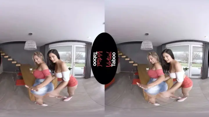Blonde and brunette in VR girl-on-girl living room session