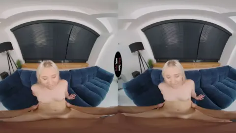 Blonde on the floor gets fucked on blue couch in living room