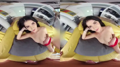 Asian girl in red top gives blowjob then rides yellow bed