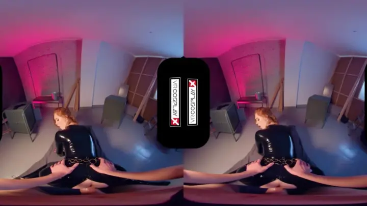 Redhead in latex rides dude under pink and blue lights