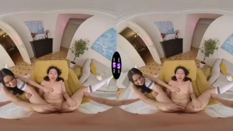 Two Asian girls with tattoos go at it in bed, full 360 views