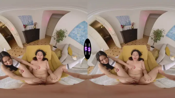 Two Asian girls with tattoos go at it in bed, full 360 views