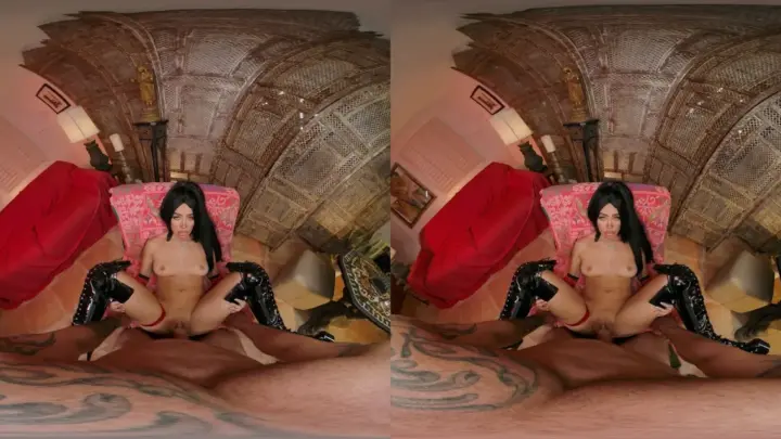 Black-haired thick white girl goes solo on red bed with tattoos