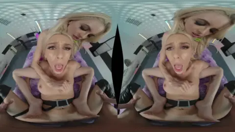 Two blonde white girls eating each other out under purple sheets