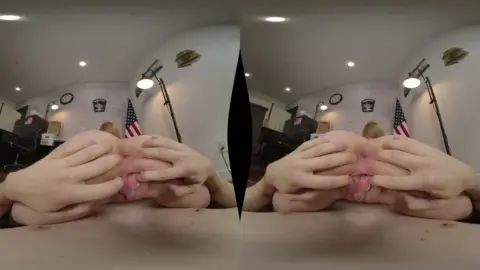 Blonde rides dude in office with NASA flag, 360 fisheye cam