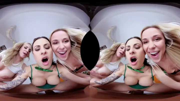 Two slim blondes and brunettes go at it with oral and tribbing on cush