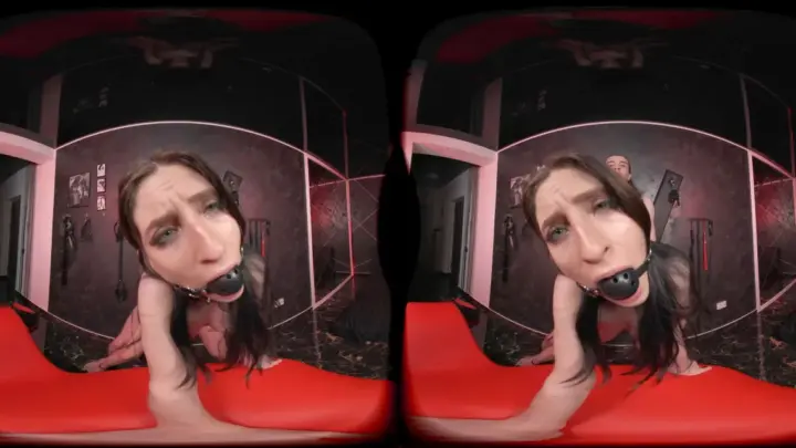 Brunette MILF gives blowjob on red chair in abandoned warehouse