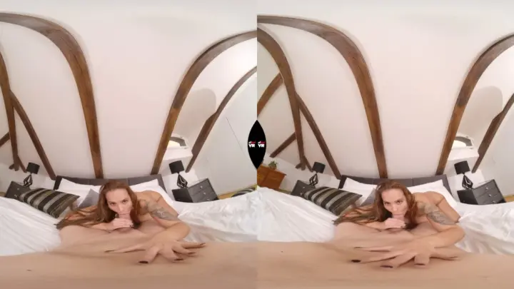 Blonde with tattoos spreads out on bed, plays with herself