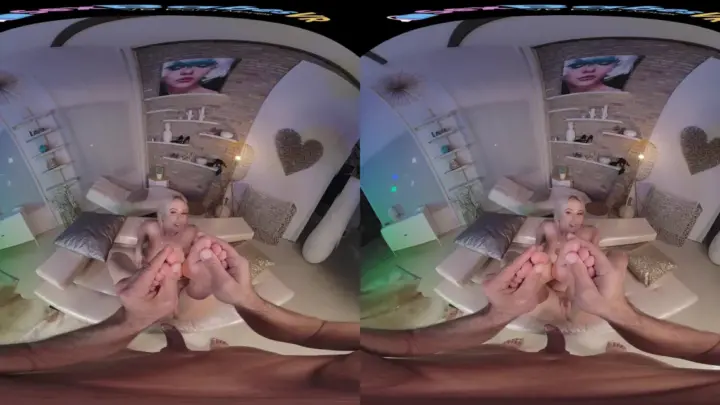 Blonde chick with tattoo gets fucked and gives blowjobs in VR bedroom
