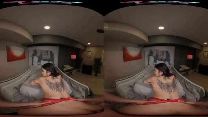 Slim brunette tied up, teasing in red lingerie, doggy style POV