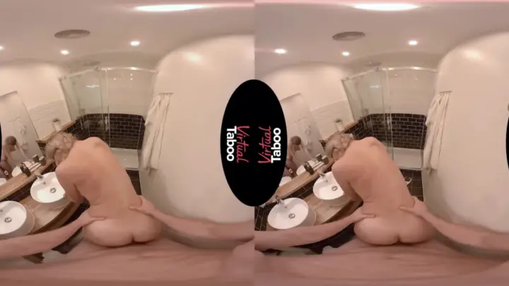 Blonde with back tattoo spreads on bed after bending over sink