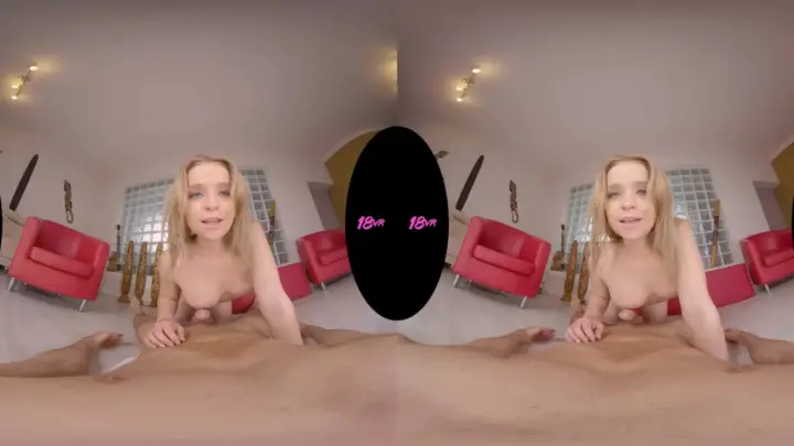 Blonde spreads wide on red chair, big ass on close-up