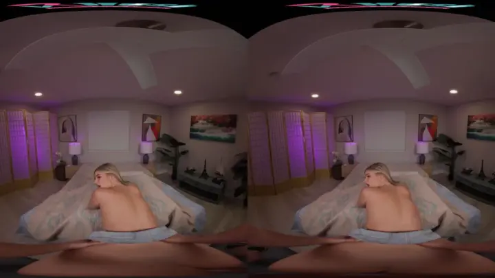 Blonde with thigh tattoos spreads wide on purple bed