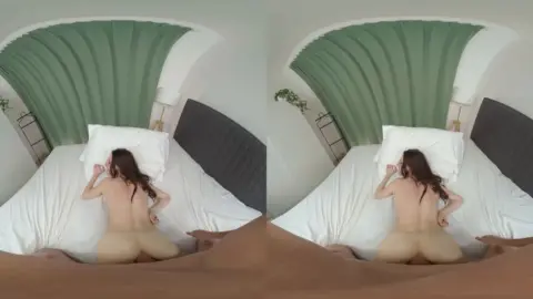Slim brunette with painted nails jerking off on couch and doggy style