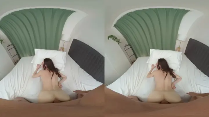 Slim brunette with painted nails jerking off on couch and doggy style