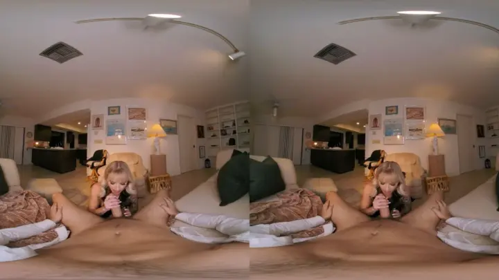Blonde spreads wide on bed in warm fisheye shots