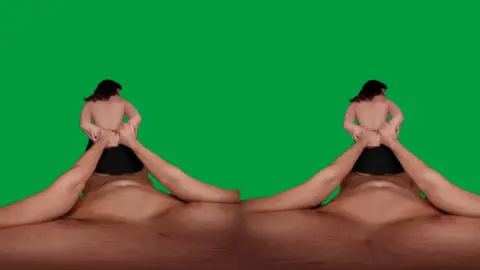 Brunette riding and blowing a hairy tattooed dude on green screen